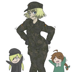 Rule 34 | 3girls, ahoge, blonde hair, braid, brown hair, character request, chibi, christ-chan, eyepatch, female focus, germany, grin, highres, looking at viewer, military, military uniform, multiple girls, putsch-chan, simple background, single braid, smile, tagme, uniform, white background