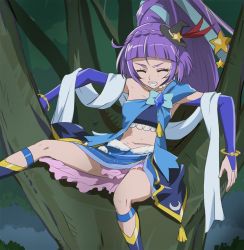 Rule 34 | 1girl, bare shoulders, bracelet, clenched teeth, closed eyes, cure magical, cure magical (sapphire style), eyebrows, haruyama kazunori, hat, izayoi liko, jewelry, magical girl, mahou girls precure!, midriff, mini hat, mini witch hat, navel, ponytail, precure, sapphire style, solo, star (symbol), teeth, tree, wide ponytail, witch hat