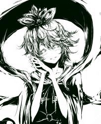 Rule 34 | 1girl, blush, face, female focus, green theme, greyscale, hair ornament, head tilt, highres, messy hair, monochrome, neichiru, own hands clasped, own hands together, shawl, short hair, simple background, smile, solo, toramaru shou, touhou, white background