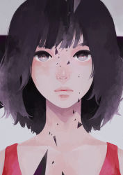 Rule 34 | black eyes, black hair, dress, highres, lips, nose, original, parted lips, portrait, red dress, simple background, solo, tae, tank top