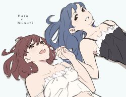Rule 34 | atenaba, black camisole, blue background, blue hair, brown eyes, brown hair, camisole, highres, holding hands, kasukabe haru, long hair, looking at another, looking to the side, lying, mole, mole under eye, on back, open mouth, romaji text, short hair, simple background, single bare shoulder, smile, strap slip, tendouji musubi, tokyo 7th sisters, upper body, white camisole, yuri
