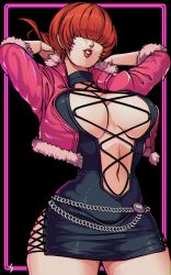 Rule 34 | 1girl, artist request, breasts, brown hair, cleavage, cleavage cutout, clothing cutout, cropped jacket, earrings, hair over eyes, highres, jewelry, large breasts, leotard, lips, lipstick, long hair, makeup, miniskirt, ponytail, red hair, shermie (kof), skirt, smile, solo, split ponytail, the king of fighters, the king of fighters xv, twintails
