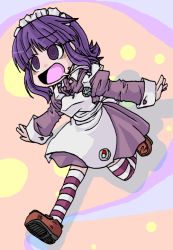 Rule 34 | @ @, drooling, futaba channel, maid, nijiura maids, pill, purple eyes, purple hair, running, short hair, skull, smile, solo, striped clothes, striped thighhighs, thighhighs, yakui