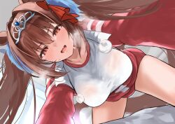 Rule 34 | 1girl, all fours, animal ears, blush, breasts, brown hair, commentary request, daiwa scarlet (umamusume), fang, hair between eyes, hair ribbon, heavy breathing, horse ears, horse girl, horse tail, jacket, large breasts, long hair, looking at viewer, open mouth, red eyes, red jacket, red ribbon, ribbon, see-through, see-through shirt, sg (esujii), shirt, solo, sweat, tail, thighs, tiara, tracen training uniform, track jacket, twintails, umamusume, white shirt