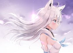 Rule 34 | 1girl, absurdres, ahoge, animal ear fluff, animal ears, blue neckerchief, blush, breasts, commentary, detached sleeves, earrings, floating hair, fox ears, fox girl, from side, green eyes, hair between eyes, highres, hololive, hood, hoodie, jewelry, long hair, neckerchief, shirakami fubuki, shirakami fubuki (1st costume), small breasts, solo, utekiro, virtual youtuber, white hair, white hoodie