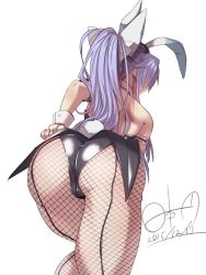 Rule 34 | 1girl, animal ears, ass, back, rabbit ears, rabbit tail, dated, fake animal ears, fishnet pantyhose, fishnets, from behind, highres, hinomoto madoka, jpeg artifacts, leotard, long hair, nail polish, original, pantyhose, playboy bunny, ponytail, purple hair, signature, simple background, solo, tail, white background, wrist cuffs