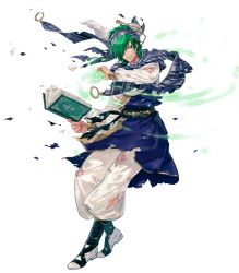 Rule 34 | 1boy, baggy pants, belt, blue headband, blue scarf, book, casting spell, clenched teeth, collar, collarbone, energy, feathers, fire emblem, fire emblem: genealogy of the holy war, fire emblem heroes, full body, green eyes, green hair, headband, highres, holding, holding book, lewyn (fire emblem), lips, male focus, medium hair, nintendo, official art, pants, scarf, shirt, solo, striped clothes, striped headband, striped scarf, suda ayaka, teeth, torn clothes, torn pants, torn scarf, torn shirt, torn sleeves, transparent background, white pants, wide sleeves