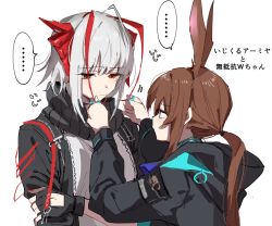 Rule 34 | ..., 2girls, ahoge, amiya (arknights), animal ears, antenna hair, arknights, black gloves, black jacket, black scarf, blue eyes, breasts, brown hair, closed mouth, commentary, demon horns, expressionless, fingerless gloves, gloves, grey shirt, hair between eyes, half updo, highres, holding another&#039;s hair, hood, hooded jacket, horns, jacket, jewelry, long hair, long sleeves, looking down, motion lines, multicolored hair, multiple girls, multiple rings, na tarapisu153, nail polish, orange eyes, ponytail, profile, rabbit ears, red hair, red nails, ring, scarf, shirt, short hair, sidelocks, silver hair, simple background, small breasts, sound effects, spoken ellipsis, streaked hair, translated, two-tone hair, upper body, w (arknights), white background