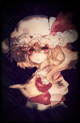 Rule 34 | 1girl, ascot, blonde hair, blush, clip studio paint (medium), closed mouth, collared shirt, commentary, cropped torso, flandre scarlet, frilled shirt collar, frills, hair between eyes, hat, lips, lipstick, looking at viewer, makeup, medium hair, mob cap, puffy short sleeves, puffy sleeves, red eyes, red ribbon, red vest, ribbon, shirt, short sleeves, side ponytail, slit pupils, solo, takamizawa00, touhou, upper body, vest, white hat, white shirt, yellow ascot