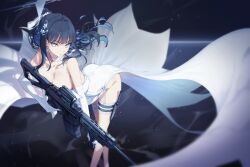 Rule 34 | 1girl, bare shoulders, black hair, blue archive, blue eyes, blue hair, blue halo, breasts, choker, cleavage, colored inner hair, commentary, dress, earrings, elbow gloves, garter straps, gloves, gun, hair ornament, halo, highres, holding, holding gun, holding weapon, jewelry, knife, knife sheath, large breasts, leaning forward, long hair, looking at viewer, multicolored hair, official alternate costume, penguin say, saori (blue archive), saori (dress) (blue archive), sheath, solo, standing, strapless, strapless dress, thigh sheath, weapon, white choker, white dress, white garter straps, white gloves