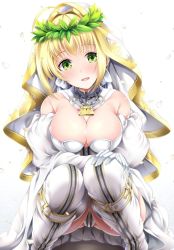 Rule 34 | 10s, 1girl, :d, ahoge, bad id, bad twitter id, bare shoulders, blonde hair, blush, bow, breasts, bridal veil, buckle, chain, chain necklace, cleavage, commentary request, detached collar, detached sleeves, elbow gloves, fate/extra, fate/extra ccc, fate (series), full-length zipper, full body, garana, gloves, green eyes, hair bow, hair intakes, hand on own knee, happy, head tilt, head wreath, heart, heart print, jewelry, knees together feet apart, large breasts, leotard, lock, looking at viewer, necklace, nero claudius (bride) (fate), nero claudius (bride) (third ascension) (fate), nero claudius (fate), nero claudius (fate) (all), open mouth, own hands together, partially visible vulva, petals, puffy detached sleeves, puffy sleeves, ribbon trim, shadow, short hair with long locks, showgirl skirt, sidelocks, simple background, skirt, smile, solo, squatting, strapless, strapless leotard, thighhighs, turtleneck, veil, white background, white bow, white gloves, white leotard, white skirt, white thighhighs, wide sleeves, zipper, zipper pull tab