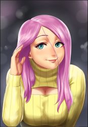 Rule 34 | 1girl, bad id, bad tumblr id, blue eyes, breasts, cleavage, cleavage cutout, clothing cutout, eyelashes, fluttershy, highres, large breasts, leaning forward, lips, long hair, looking at viewer, lvl (sentrythe2310), meme attire, my little pony, my little pony: friendship is magic, open-chest sweater, parted bangs, personification, pink hair, ribbed sweater, smile, solo, sweater, turtleneck, upper body