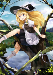 Rule 34 | 1girl, :d, blonde hair, blue eyes, bobby socks, bow, braid, female focus, hat, hat bow, highres, kirisame marisa, loafers, long hair, open mouth, shoes, unworn shoes, single braid, single shoe, smile, socks, solo, tomoko waves, touhou, witch hat