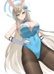Rule 34 | 1girl, absurdres, animal ears, aqua bow, aqua bowtie, aqua leotard, arm behind back, asuna (blue archive), asuna (bunny) (blue archive), bare shoulders, blue archive, blue eyes, bow, bowtie, breasts, cleavage, covered navel, cowboy shot, detached collar, fake animal ears, gloves, gluteal fold, hair bow, hair ornament, hair over shoulder, halo, hands up, headband, highleg, highleg leotard, highres, large breasts, leotard, long hair, looking at viewer, mole, mole on breast, official alternate costume, open mouth, pantyhose, parted lips, platinum blonde hair, playboy bunny, simple background, solo, strapless, strapless leotard, tomid, traditional bowtie, white background, white gloves, white headband