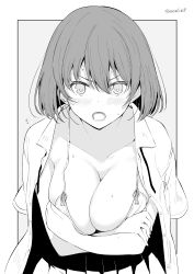 Rule 34 | 1girl, blush, breasts, collarbone, grey background, greyscale, hair between eyes, kichihachi, large breasts, looking at viewer, monochrome, open clothes, open mouth, open shirt, original, short hair, simple background, skirt, solo, sweat, twitter username, two-tone background, white background