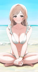Rule 34 | 1girl, absurdres, bare shoulders, barefoot, beach, bikini, blue sky, blush, bracelet, breasts, brown eyes, brown hair, closed mouth, collarbone, commentary, day, highres, horizon, idolmaster, idolmaster shiny colors, indian style, jewelry, large breasts, looking at viewer, navel, ocean, outdoors, pdal (pdalhhh), sakuragi mano, sand, short hair, sitting, sky, smile, solo, swimsuit, v arms, white bikini