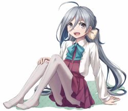 Rule 34 | 10s, 1girl, :d, ahoge, arm support, bad id, bad pixiv id, bow, bowtie, front-seamed legwear, grey eyes, grey hair, kantai collection, kiyoshimo (kancolle), legs together, long sleeves, looking at viewer, no shoes, open mouth, pantyhose, pleated skirt, seamed legwear, sitting, skirt, smile, solo, twintails, white background, yuyuzuki (yume usagi)