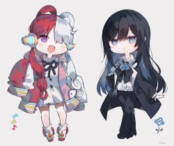 Rule 34 | 2girls, artist name, black bow, black bowtie, black coat, black footwear, black hair, black pants, black ribbon, blue eyes, blue flower, blue hair, blue rose, blush, bow, bowtie, chandelier, chibi, closed mouth, cloud nine inc, coat, collared shirt, colored inner hair, commentary request, dress, dress shirt, flower, flower brooch, full body, grey background, hair between eyes, hair over one eye, hair rings, headphones, highres, jacket, long hair, long sleeves, looking at viewer, multicolored hair, multiple girls, musical note, neck ribbon, one piece, one piece film: red, open clothes, open coat, open jacket, open mouth, pants, pink jacket, purple eyes, red hair, red jacket, ribbon, rose, shadow, shirt, sidelocks, simple background, sleeves past fingers, sleeves past wrists, split-color hair, two-tone hair, umemaro (siona0908), uta (one piece), utaite, voice actor connection, white dress, white footwear, white hair, white shirt
