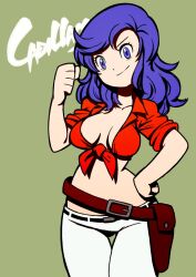 1girl beeru_(veil8801) belt breasts cadillacs_and_dinosaurs closed_mouth collarbone copyright_name denim hand_on_own_hip hannah_dundee highres jeans long_hair looking_at_viewer midriff pants purple_eyes purple_hair red_shirt shirt simple_background smile solo