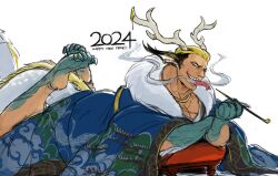 Rule 34 | 1boy, alternate costume, animal ears, antlers, bara, blonde hair, chinese zodiac, dragon boy, dragon ears, dragon horns, feet, feet up, full body, holding, holding smoking pipe, horns, large pectorals, limp wrist, long tongue, looking at viewer, lying, male focus, mature male, monster boy, monsterification, mouth trail, multicolored hair, muscular, muscular male, nipples, nyaattoberritto, on stomach, pectoral cleavage, pectorals, piercing, sharp toenails, smile, smoke, smoking pipe, solo, the king of fighters, the pose, thick eyebrows, toenails, tongue, tongue out, tongue piercing, two-tone hair, very long ears, yamazaki ryuuji, year of the dragon