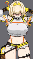 Rule 34 | 1girl, ?, ahoge, arms behind head, blonde hair, blush, breasts, clothing cutout, commentary request, confused, cropped jacket, elegg (nikke), facing viewer, fuyu karasu, gloves, goddess of victory: nikke, grey background, hair intakes, hair over eyes, jacket, large breasts, long sleeves, medium hair, navel, open mouth, paid reward available, shoulder cutout, simple background, smile, solo, standing, steaming body, sweat, thigh strap, white jacket
