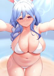 Rule 34 | 1girl, animal ear fluff, animal ears, beach, bikini, blue hair, blue sky, blurry, blurry background, blush, braid, braided ponytail, breasts, cleavage, closed mouth, collarbone, commentary, curvy, day, english commentary, gluteal fold, hair between eyes, hair over shoulder, highres, hololive, huge breasts, large breasts, leaning forward, lens flare, long hair, looking at viewer, mature female, multicolored hair, navel, outdoors, outstretched arms, pekomama, rabbit-shaped pupils, rabbit ears, rabbit girl, red eyes, short eyebrows, signature, sky, smile, solo, stomach, sunlight, sweat, swimsuit, symbol-shaped pupils, thick eyebrows, thighs, two-tone hair, unsfrau, virtual youtuber, wet, white bikini, white hair