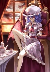 Rule 34 | 1girl, ascot, bad id, bad pixiv id, barefoot, blue hair, brooch, chair, cup, dress, fang, hat, hat ribbon, highres, indoors, jewelry, kzhu, leg up, mob cap, nail polish, pink dress, pink eyes, plate, puffy short sleeves, puffy sleeves, remilia scarlet, ribbon, short sleeves, solo, table, teacup, teapot, toenail polish, toenails, touhou, window, wrist cuffs