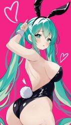Rule 34 | 1girl, absurdres, animal ears, ass, backless outfit, black leotard, blue eyes, blue hair, blush, breasts, coco irasuto, fake animal ears, fake tail, from behind, hatsune miku, heart, highleg, highleg leotard, highres, large breasts, leotard, long hair, looking at viewer, looking back, pink background, playboy bunny, rabbit ears, rabbit tail, simple background, solo, tail, tongue, tongue out, twintails, very long hair, vocaloid