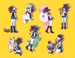 Rule 34 | 1girl, alomomola, antenna hair, barefoot, baseball cap, black footwear, black vest, black wristband, boots, brown hair, commentary request, creatures (company), deerling, game freak, gen 5 pokemon, hagetapo, hands up, hat, high ponytail, hilda (pokemon), looking down, multiple views, nintendo, open mouth, pokemon, pokemon (creature), pokemon bw, servine, short shorts, shorts, simple background, solosis, standing, stunfisk, tepig, toes, vest, vullaby, wristband, yellow background