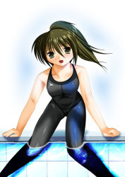 Rule 34 | 1girl, artist request, bad anatomy, bad id, black eyes, black hair, black one-piece swimsuit, bodysuit, character request, competition swimsuit, copyright request, feet out of frame, one-piece swimsuit, ponytail, pool, poorly drawn, solo, speedo (company), speedo lzr racer, swimsuit, wet