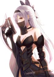 Rule 34 | 1girl, armor, armored dress, backless dress, backless outfit, bare shoulders, black choker, black dress, black gloves, black hairband, black ribbon, bosumonki, breasts, choker, cleavage, collarbone, cowboy shot, cross, cross earrings, dagger, dress, earrings, elbow gloves, girls&#039; frontline, gloves, gun, hair ribbon, hairband, handgun, highres, holding, holding gun, holding weapon, jewelry, knife, long hair, medium breasts, mouth veil, one side up, red eyes, ribbon, see-through, sheath, sheathed, silver hair, simple background, solo, strapless, strapless dress, tokarev (girls&#039; frontline), tokarev (griffin&#039;s dancer) (girls&#039; frontline), tokarev tt-33, trigger discipline, veil, very long hair, weapon, white background