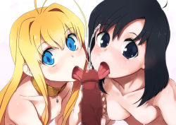 Rule 34 | 10s, 2girls, ahoge, black hair, blonde hair, blue eyes, blush, breasts, censored, collar, cum, disembodied penis, dragon crisis!, etou misaki, fang, fellatio, flat chest, jewelry, licking, cooperative fellatio, multiple girls, necklace, nipples, nude, oral, penis, rkrk, rose (dragon crisis!), teamwork, tongue, tongue out