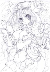Rule 34 | 1girl, breasts, cleavage, eiji (tfkn2723), gloves, greyscale, gun, hair ornament, holding, holding gun, holding weapon, king joe storage custom, large breasts, looking at viewer, mecha musume, monochrome, personification, pointing, pointing at viewer, short hair, sketch, skirt, solo, tokusatsu, ultra series, ultraman z (series), weapon
