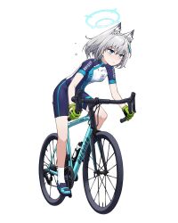 Rule 34 | 1girl, animal ear fluff, animal ears, artpatient, bicycle, blue archive, blue eyes, blue halo, bodysuit, breasts, closed mouth, commentary, cross hair ornament, cycling uniform, english commentary, full body, gloves, green gloves, hair ornament, halo, halterneck, highres, official alternate costume, shiroko (blue archive), shiroko (cycling) (blue archive), short hair, simple background, small breasts, socks, solo, white background, white socks