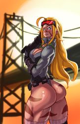 Rule 34 | 1girl, alternate costume, alternate hairstyle, artist request, ass, blonde hair, blue eyes, blush, boots, breasts, cammy white, capcom, from behind, goggles, goggles on head, highres, leotard, looking back, parted lips, shiny skin, solo, street fighter, street fighter v, thigh boots, thighhighs, thong, thong leotard