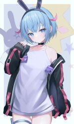 Rule 34 | 1girl, absurdres, ai-assisted, animal ears, armpit crease, blue eyes, blue hair, blue nails, choker, clenched hand, cowboy shot, cygames, expressionless, fake animal ears, fingernails, head tilt, headband, highres, holster, jacket, looking at viewer, multiple straps, no pants, off shoulder, open clothes, open jacket, otosaka shion (shadowverse flame), outside border, rabbit ears, shadowverse, shadowverse (anime), shadowverse flame, shirt, short hair, thigh holster, un uk, white shirt, wrinkled fabric