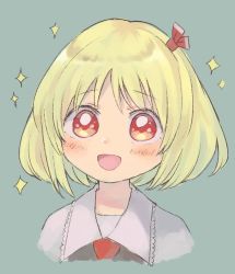 Rule 34 | 1girl, :d, bad id, bad twitter id, blonde hair, blue background, blush, commentary request, hair ornament, looking at viewer, necktie, open mouth, portrait, red eyes, red necktie, rumia, sasa kichi, simple background, smile, solo, sparkle, touhou, upper body, wing collar