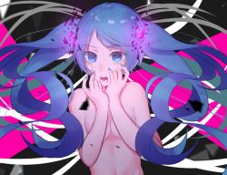 Rule 34 | 1girl, blue eyes, blue hair, blue nails, breasts, cleavage, floating hair, hatsune miku, long hair, looking at viewer, lucy (rusi-juren328), nail polish, nude, open mouth, parted bangs, small breasts, solo, twintails, upper body, very long hair, vocaloid