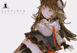 Rule 34 | 1girl, :/, animal ears, arknights, black thighhighs, breasts, bright pupils, brown hair, character name, dress, expressionless, eyjafjalla (arknights), grey dress, highres, horns, john kafka, long hair, long sleeves, looking to the side, medium breasts, no nose, orange eyes, respirator, rhodes island logo (arknights), sheep ears, sheep girl, sheep horns, sidelocks, simple background, solo, thighhighs, thighs, white background, white pupils, zettai ryouiki