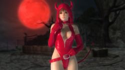 Rule 34 | 1girl, 3d, belt, breasts, brown eyes, brown hair, choker, cleavage, costume, dead or alive, dead or alive 5, devil, elbow gloves, fake horns, full moon, gloves, halloween, halloween costume, horns, large breasts, matching hair/eyes, moon, night, night sky, official art, official wallpaper, phase-4, red gloves, sky, solo, tail, tecmo, wallpaper, zipper
