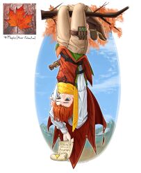 Rule 34 | 1boy, absurdres, aqua eyes, boots, brown footwear, covered mouth, full body, highres, khakis, leaf, long sleeves, maple leaf, original, pants, personification, red hair, scarf, scroll, semmya ori, shirt, solo, upside-down, white shirt, yellow scarf