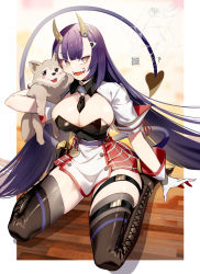 Rule 34 | 1girl, animal, blunt bangs, breasts, choker, cluseller, demon tail, dog, food-themed hair ornament, full body, gloves, hair ornament, highres, holding, holding animal, holding dog, horns, indie virtual youtuber, large breasts, long hair, looking at viewer, necktie, oni, oni horns, onigiri (vtuber) (1st costume), onigiri (vtuber), onigiri hair ornament, open mouth, purple hair, qr code, skirt, solo, tail, teeth, thigh strap, thighhighs, tongue, very long hair, virtual youtuber, watermark, yellow eyes