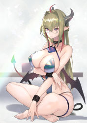 Rule 34 | 1girl, absurdres, barefoot, blonde hair, breasts, cleavage, covered erect nipples, demon tail, demon wings, glasses, highres, hitowa, horns, indian style, leotard, long hair, looking at viewer, original, pointy ears, purple eyes, sitting, solo, tail, tattoo, wings