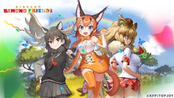 Rule 34 | 3girls, animal ears, black hair, blonde hair, blue eyes, bow, bowtie, brown eyes, bug, butterfly, caracal (kemono friends), elbow gloves, extra ears, gloves, highres, horns, insect, kemono friends, kemono friends kingdom, kneehighs, lion (kemono friends), long hair, looking at viewer, looking back, moose (kemono friends), multiple girls, nature, necktie, official art, orange hair, outdoors, pantyhose, scarf, shirt, shoes, skirt, sleeveless, sleeveless shirt, socks, tail, weapon, yellow eyes
