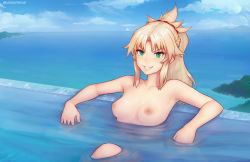 Rule 34 | 1girl, arm rest, armpits, beach, blonde hair, blue sky, blurry, boat, breasts, breasts apart, collarbone, day, depth of field, fate/grand order, fate (series), green eyes, island, looking at viewer, medium breasts, mordred (fate), mordred (fate) (all), mordred (fate/apocrypha), mordred (swimsuit rider) (fate), nipples, nude, ocean, partially submerged, ponytail, pool, sitting, sky, smile, solo, unsomnus, upper body, water, watercraft