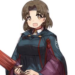 Rule 34 | 1girl, alchera, blue jacket, breasts, brown eyes, brown hair, chiyoda (kancolle), commentary request, headband, jacket, kantai collection, large breasts, long sleeves, looking at viewer, medium hair, oil-paper umbrella, simple background, smile, solo, umbrella, upper body, white background