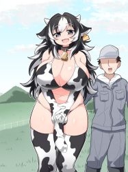 Rule 34 | 1boy, 1girl, animal ears, animal print, bell, belly, black hair, breasts, bulge, cleavage, cow ears, cow girl, cow horns, cow print, cowbell, dakkoku jiro, ear tag, elbow gloves, erection, erection under clothes, fence, futanari, gloves, grass, grey eyes, heart, horns, huge breasts, jumpsuit, large breasts, large penis, long hair, looking at viewer, multicolored hair, neck bell, original, overalls, penis, plump, smile, solo focus, spoken heart, thick thighs, thighhighs, thighs, two-tone hair, white hair