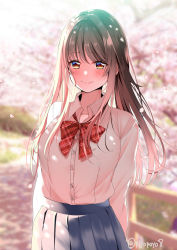 Rule 34 | 1girl, arms behind back, blue skirt, blurry, blurry background, blush, bow, bowtie, breasts, brown eyes, brown hair, cherry blossoms, closed mouth, collared shirt, cowboy shot, day, depth of field, dress shirt, highres, long hair, long sleeves, looking at viewer, medium breasts, original, outdoors, petals, piyopoyo, pleated skirt, school uniform, shirt, skirt, smile, solo, standing, twitter username, white shirt
