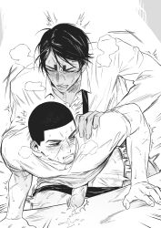Rule 34 | 0hkiii, 2boys, anal, bara, blush, closed eyes, cum, ejaculating while penetrated, ejaculation, eye contact, facial hair, from behind, goatee stubble, golden kamuy, greyscale, heavy breathing, highres, koito otonoshin, looking at another, male focus, male underwear, male underwear pull, mature male, monochrome, multiple boys, muscular uke, pectorals, saliva, sex, sex from behind, short hair, stubble, thick eyebrows, thighs, torogao, translation request, trembling, tsukishima hajime, underwear, yaoi