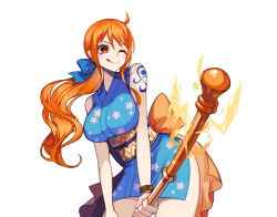 Rule 34 | 1girl, arm tattoo, bow, breasts, clima-tact, crazy otama, electricity, hair bow, highres, japanese clothes, jewelry, large breasts, log pose, long hair, low ponytail, nami (one piece), nami (one piece) (wano), one eye closed, one piece, orange eyes, orange hair, ponytail, shoulder tattoo, simple background, smile, solo, tattoo, tongue, tongue out, white background, wide hips
